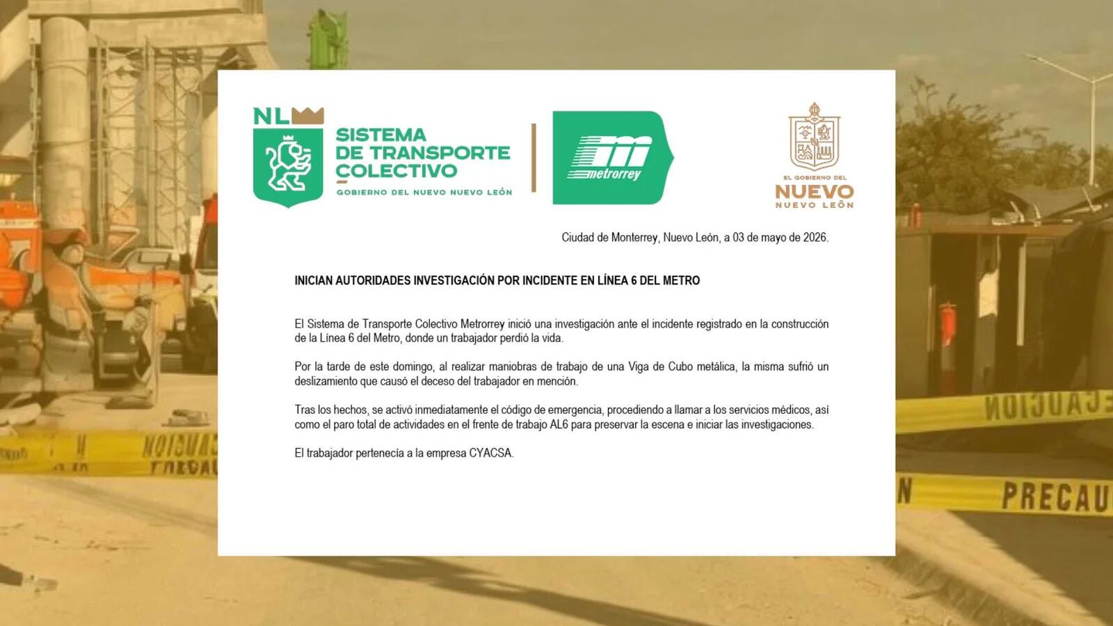 Un trabajador del Metro de Monterrey muri&oacute; por una falla de una gr&uacute;a en las obras de la L&iacute;nea 6.